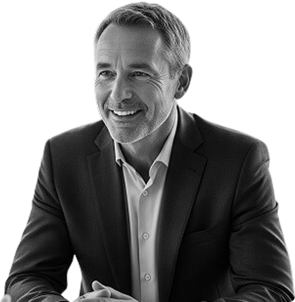 Smiling middle-aged man in a dark suit jacket and light shirt sitting with hands clasped.